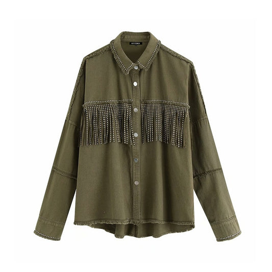 Vintage Stylish Fringe Beaded Loose Denim Women Jacket