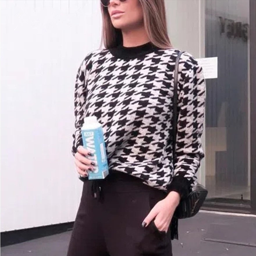 Geometric Knitted Sweater Women Casual Houndstooth Pullover
