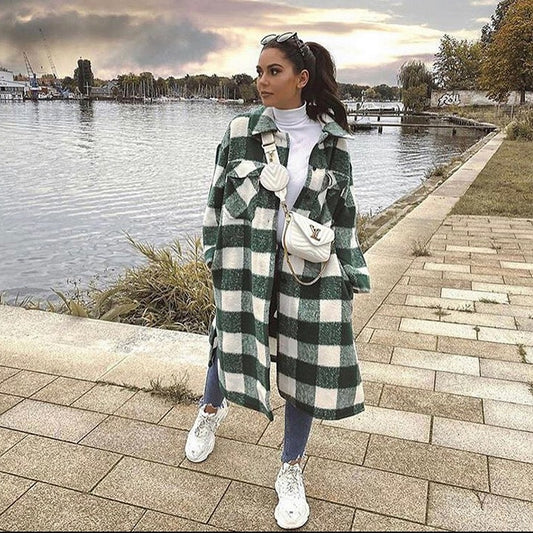 Women Oversized Coat Long Checked Jackets